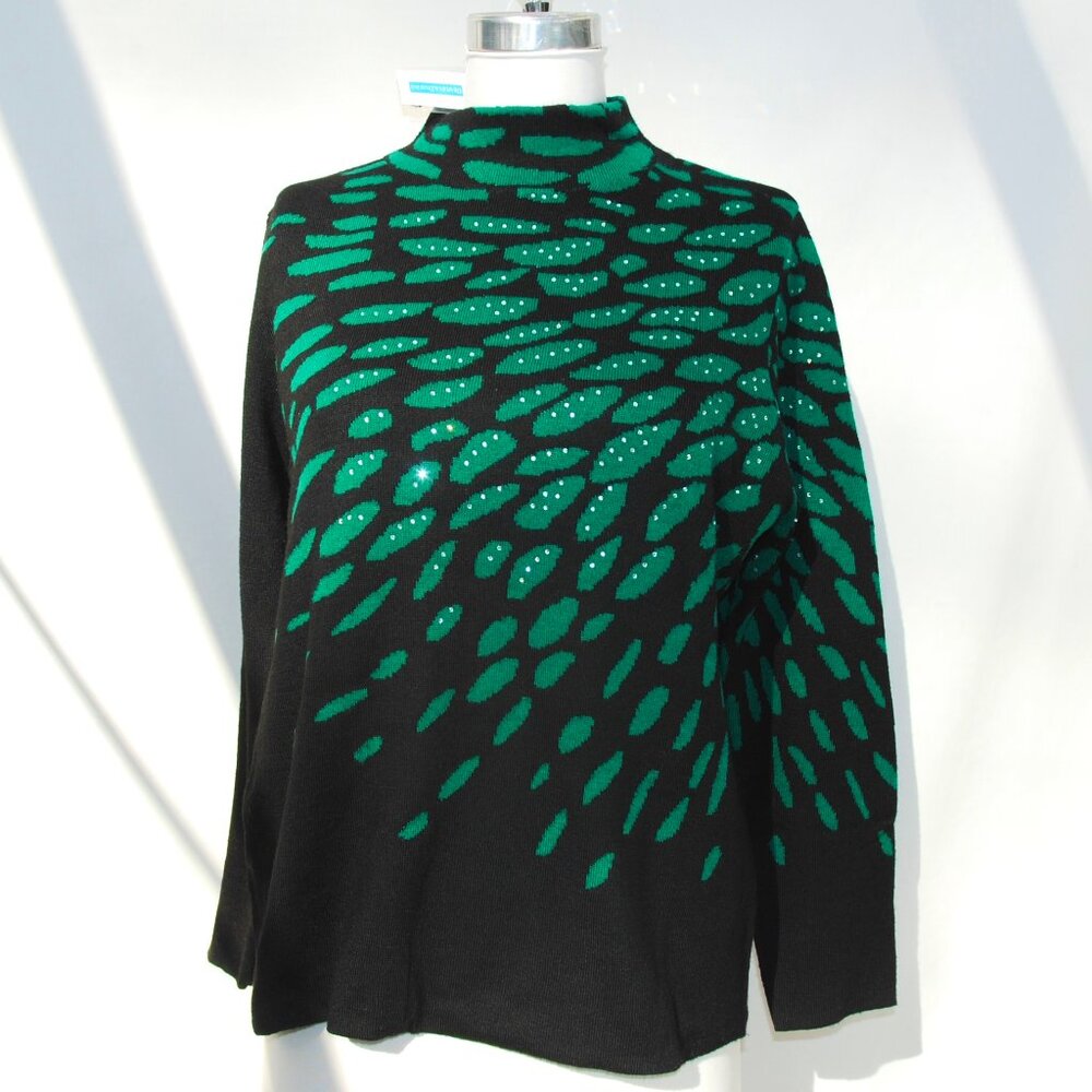 New With Tags Drapers & Damons black and green sweater with rhinestones, Sz PM